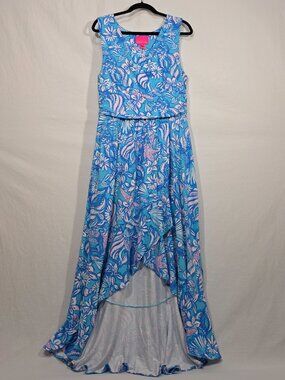 LILLY PULITZER Moana Bright Oceanic Printed Wrap High-Low-Hem Maxi-Dress Size L.